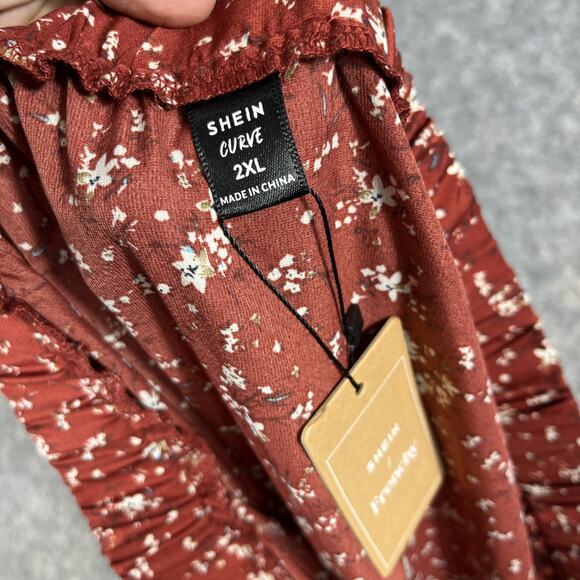 Shein Curve 2XL Red Wide Leg Pants Floral Cross Over Style Drawstring Open Sides - Picture 8 of 10